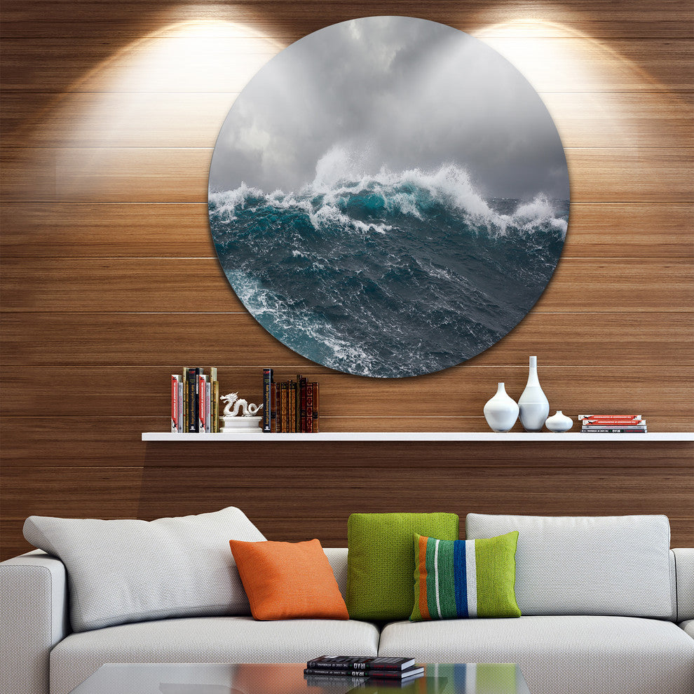 Roaring Waves Under Cloudy Sky, Seascape Large Disc Metal Wall Art, 11"