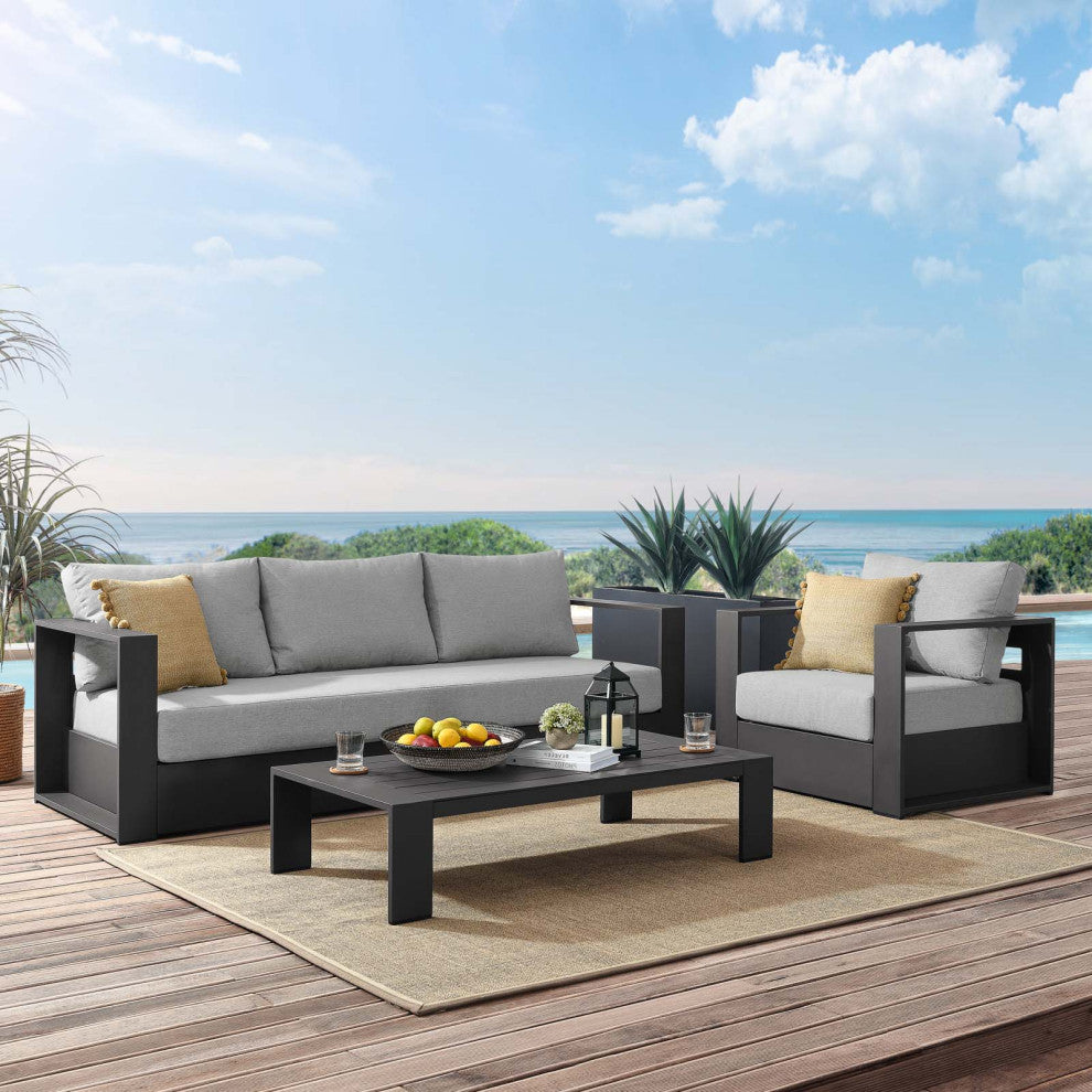 Lounge Sectional Sofa Chair Table Set, Gray, Aluminum, Modern, Outdoor