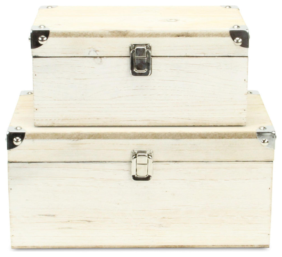 Set of 2 White Wash Wood Box With Bronze Corner Accent