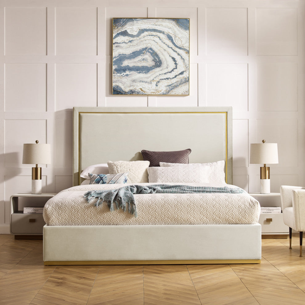 Inspired Home Marceline Bed Upholstered, Beige Velvet King