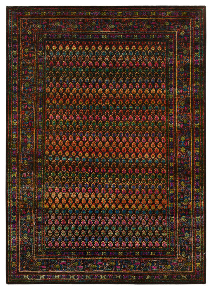 Black, Sarouk Mir Inspired Design, Wool and Silk Hand Knotted Rug, 4'0"x6'0"