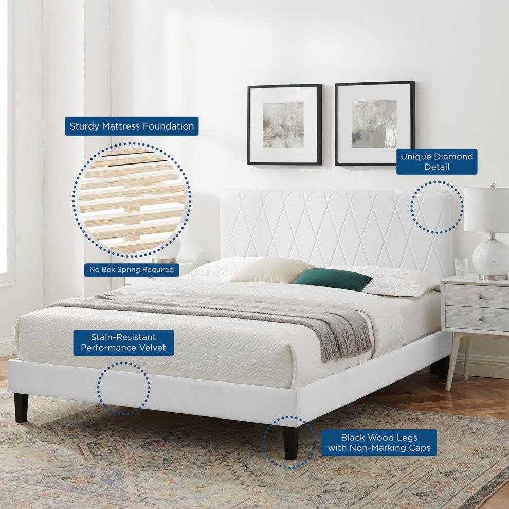 Platform Bed Frame, King Size, Velvet, White, Modern Contemporary, Bedroom