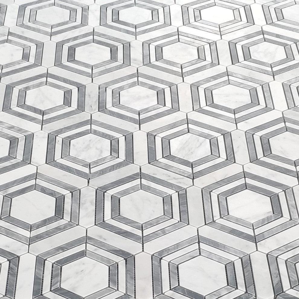 Carrara White Gray Marble Hexagon Georama Geometric Mosaic Tile Honed, 1 sheet