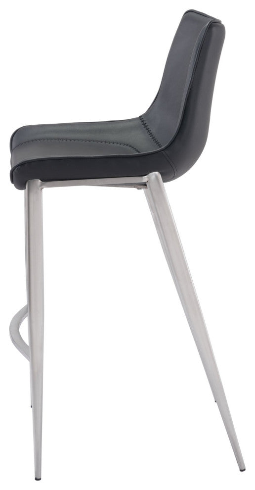 Bar Stool Chair Barstool, Set of 2, Faux Vinyl Leather, Steel, Black, Silver