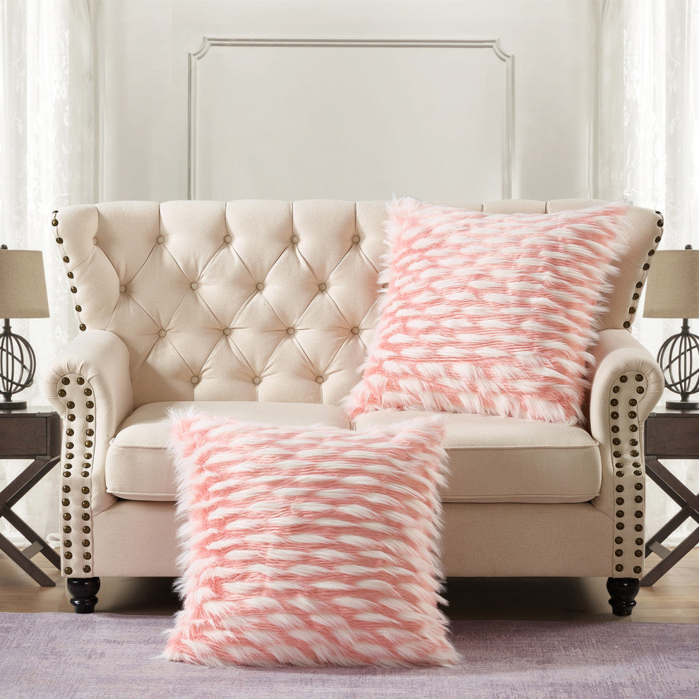 Feathery Faux Fur Pillow Cover 2 Piece Set, Pink, 26" X 26"