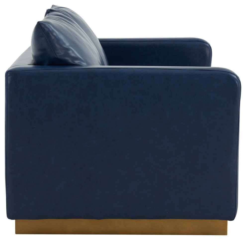 LeisureMod Nervo Modern Leather Loveseat With Gold Base, Navy Blue