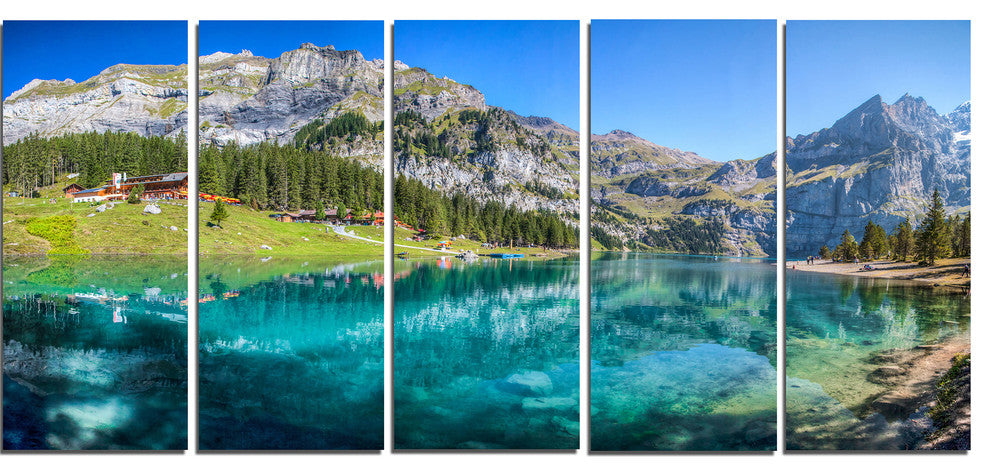 Lake Oeschinen Switzerland, Landscape Canvas Art Print, 60"x28", 5 Panels