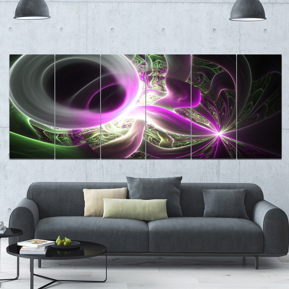 Light Purple Designs on Black, Abstract Wall Art Canvas, 70"x28", 6 Panels