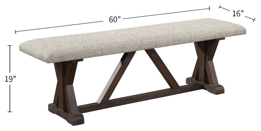 Gray Fabric Bench, Rustic Brown Finish