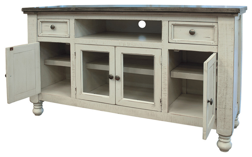 60" Ivory Solid Wood Open shelving Distressed TV Stand