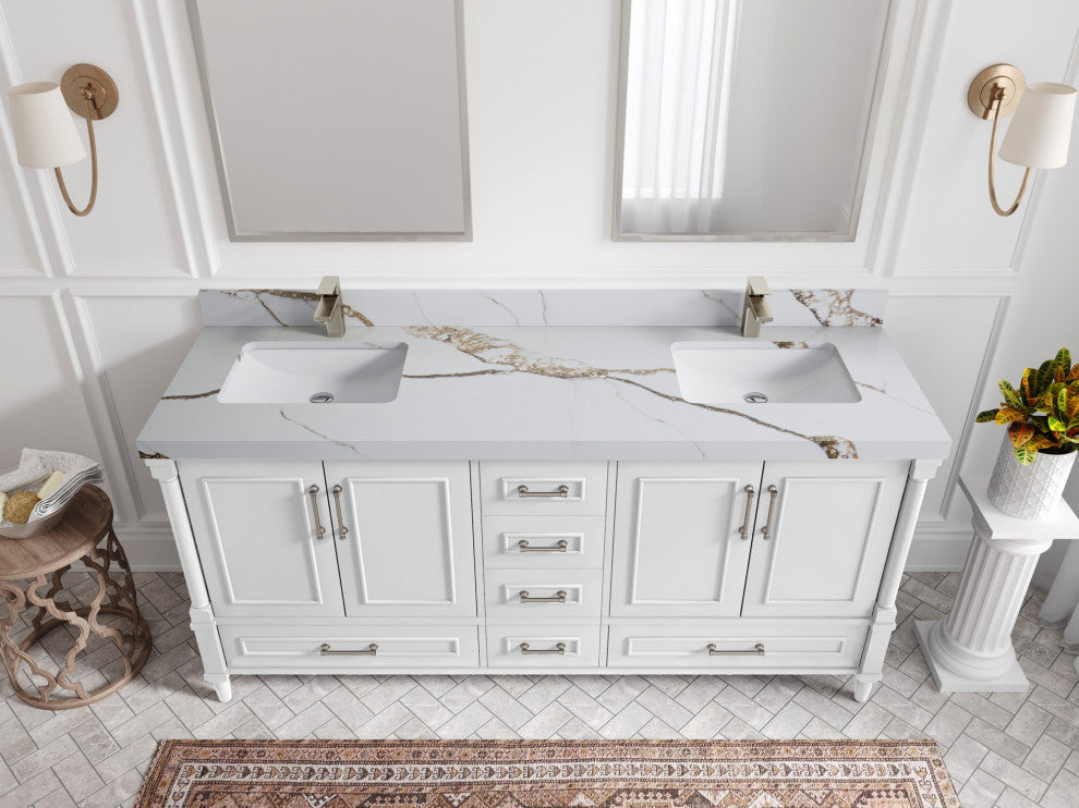 Aberdeen 72 Double Sink Bath Vanity in White 2" Calacatta Gold