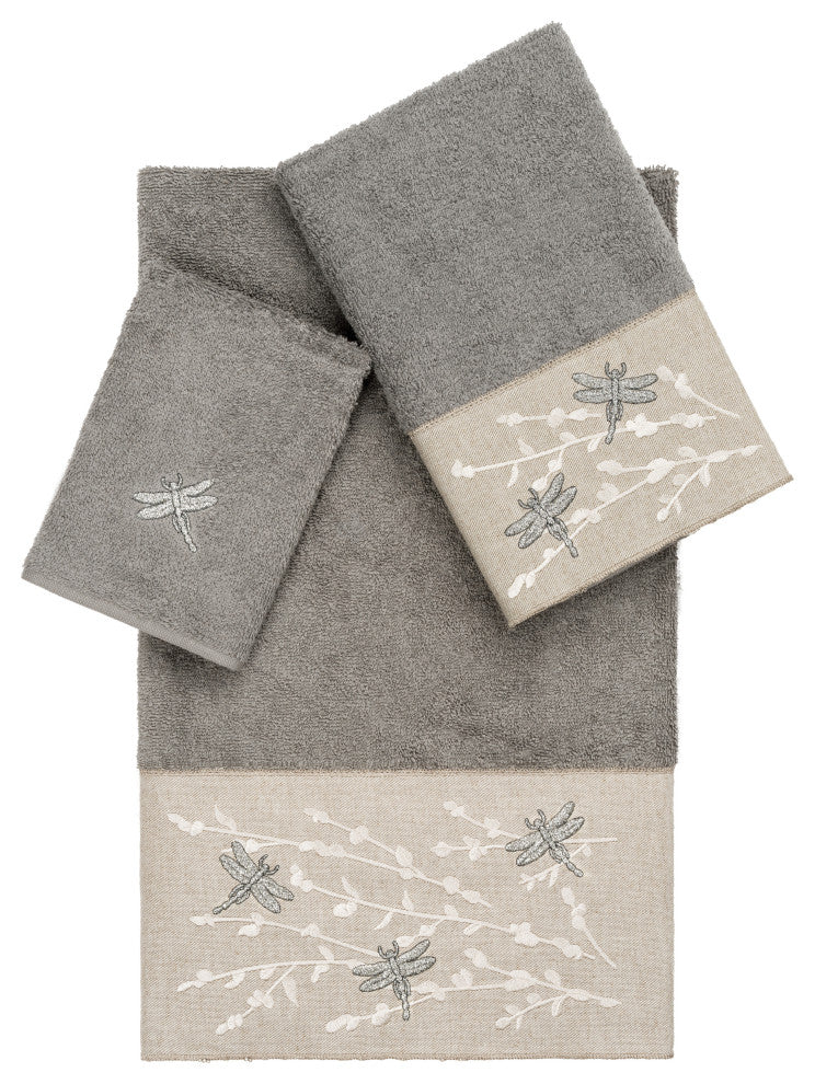 Linum Home Turkish Cotton Braelyn 3-Piece Embellished Towel Set, Dark Gray
