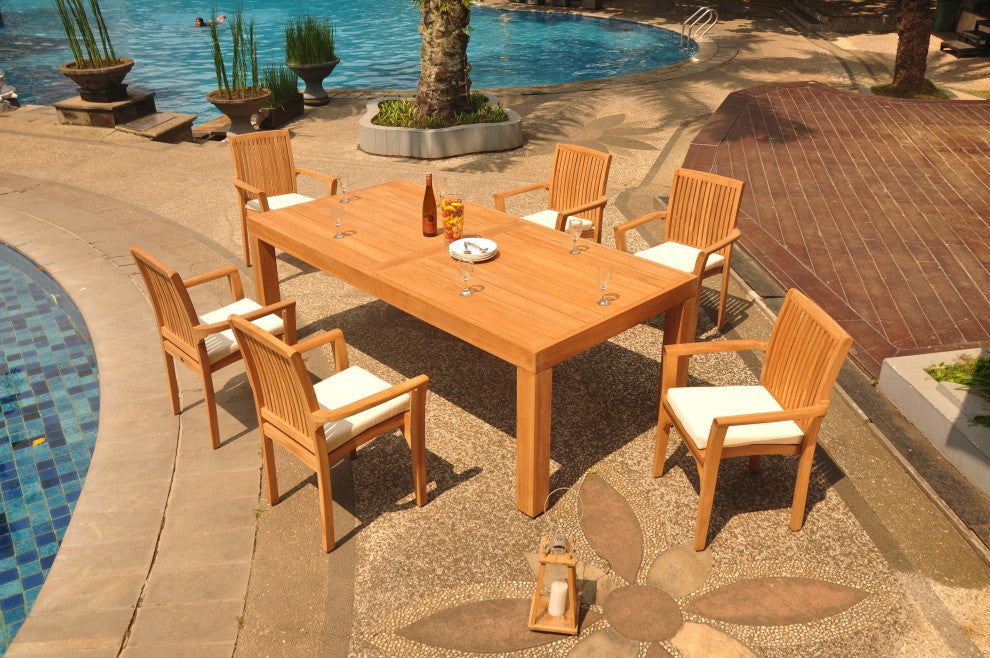 7-Piece Outdoor Teak Dining Set: 86" Rectangle Table, 6 Lua Stacking Arm Chairs