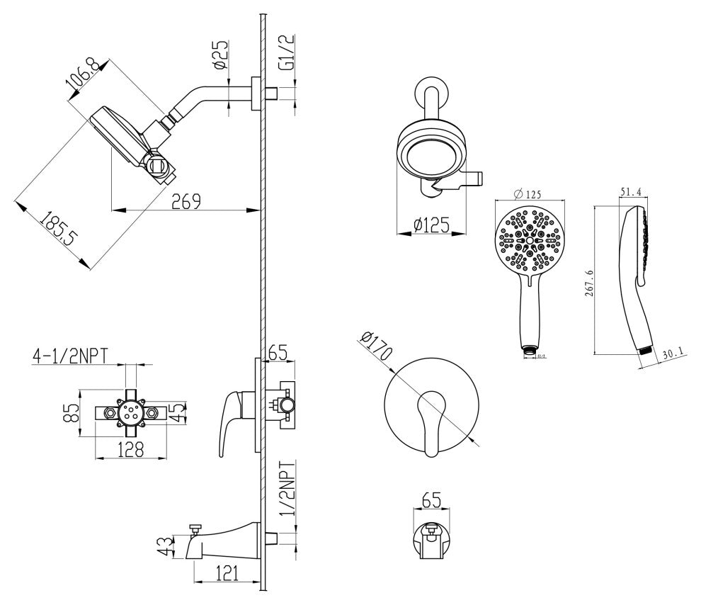 Multi Function Dual Shower Heads and Tub Faucet, With Tub Spout