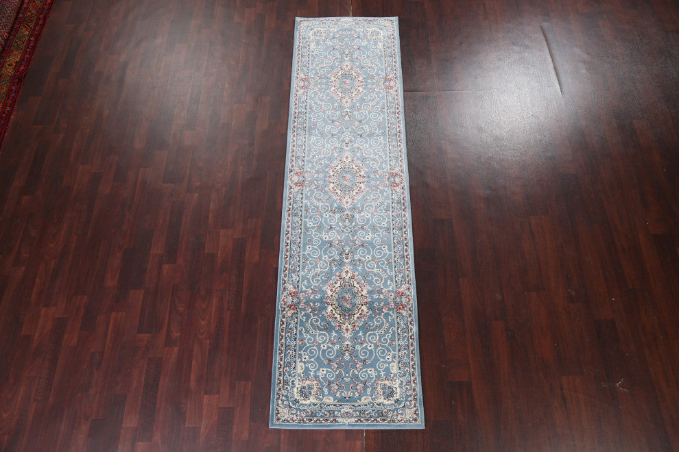 Light Blue Floral Medallion Transitional Turkish Rug Oriental Carpet 3x10