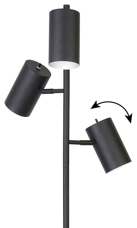 65" Black Three Light Tree Floor Lamp With Black Drum Shade