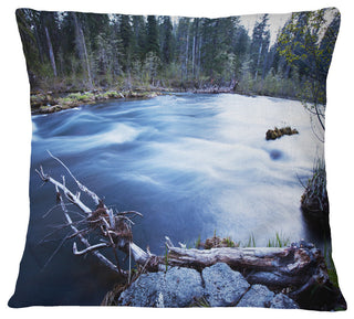 Blue River in Forest At Evening Landscape Printed Throw Pillow, 16"x16"