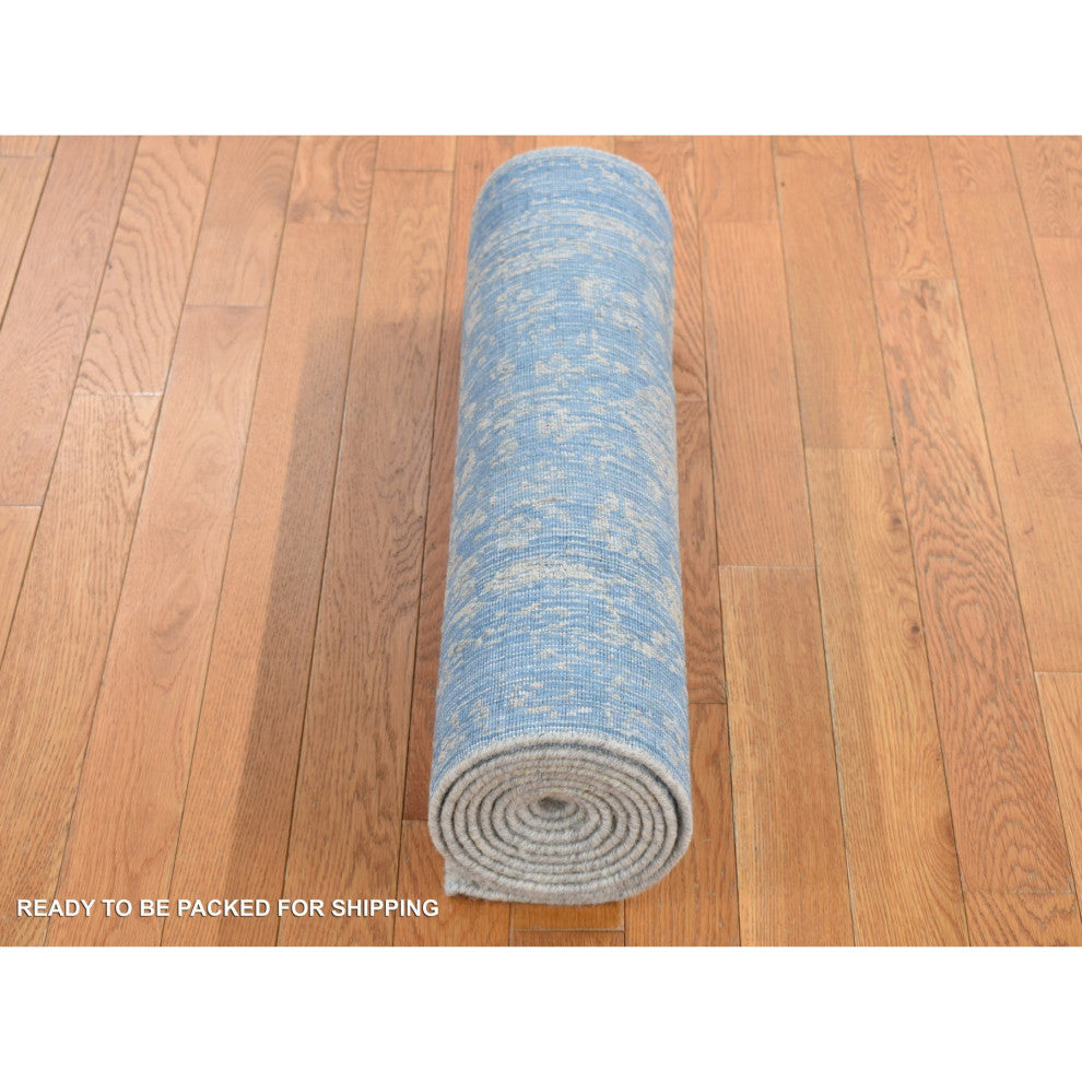 Blue Jacquard Hand Loomed Wool/Silk Pomegranate Design Runner Rug 2'5"x10'1"