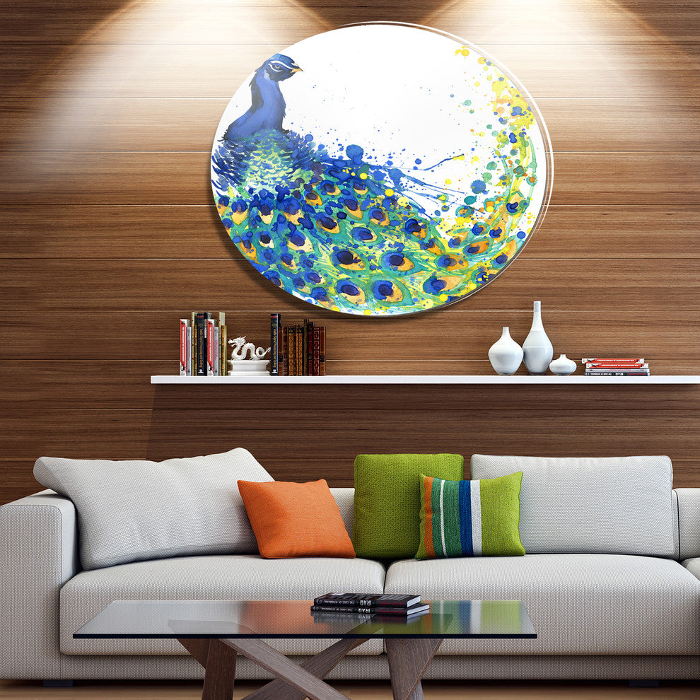 Exotic Peacock Watercolor, Animal Art Round Metal Wall Art, 23"