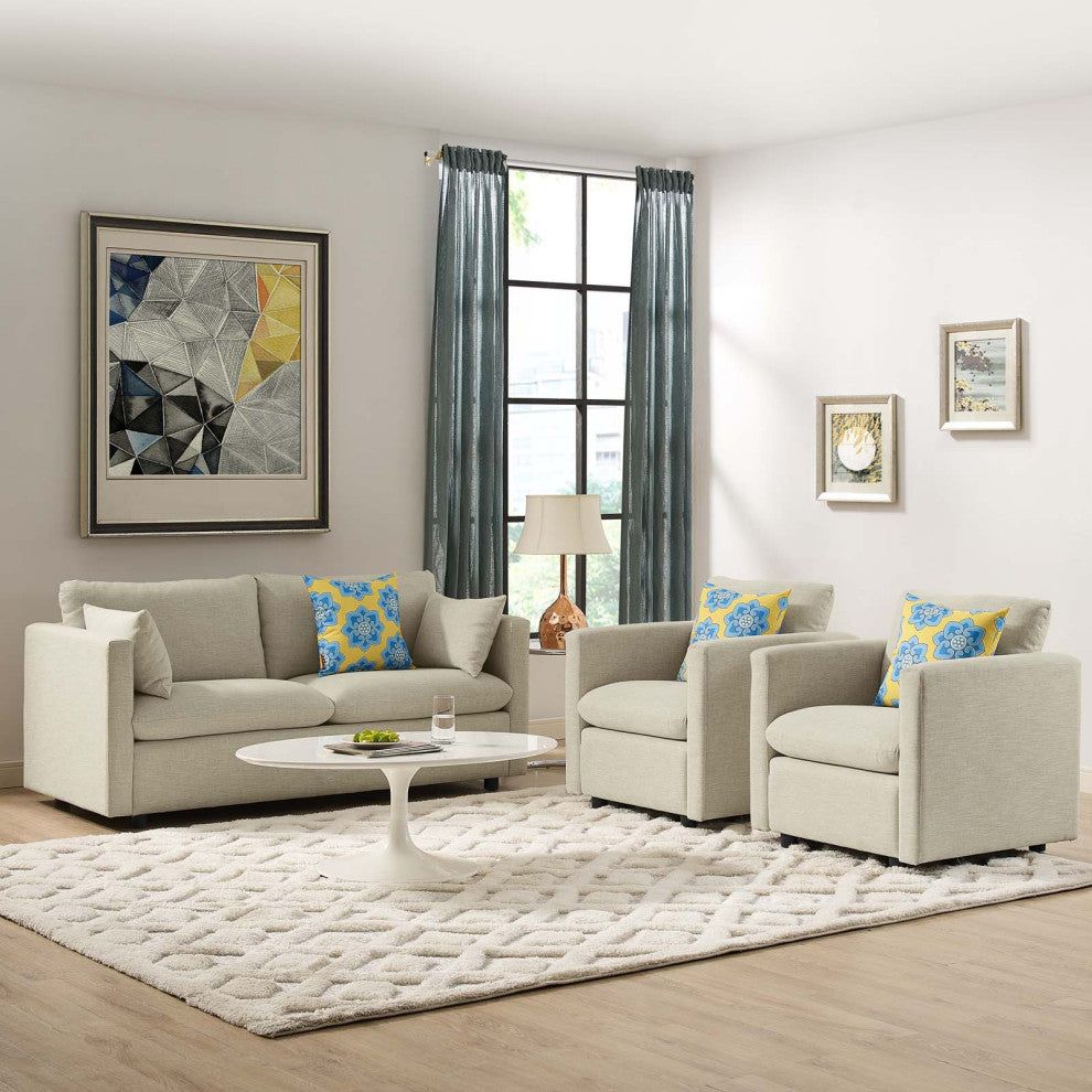 Armchair and Loveseat Sofa Set, Fabric, Beige, Modern, Living Lounge Hospitality
