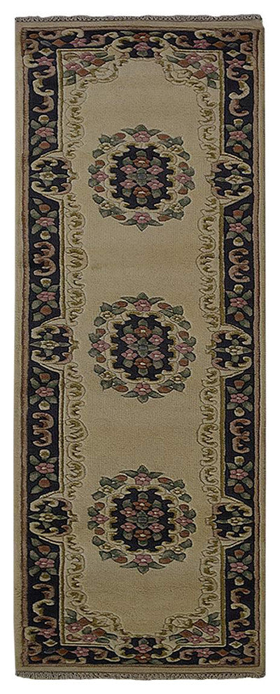 Hand Knotted Aras Wool Area Rug Oriental Ivory Blue