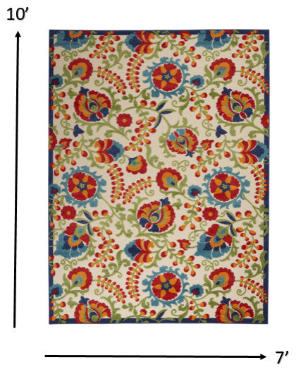 7' X 10' Green And Ivory Floral Indoor Outdoor Area Rug