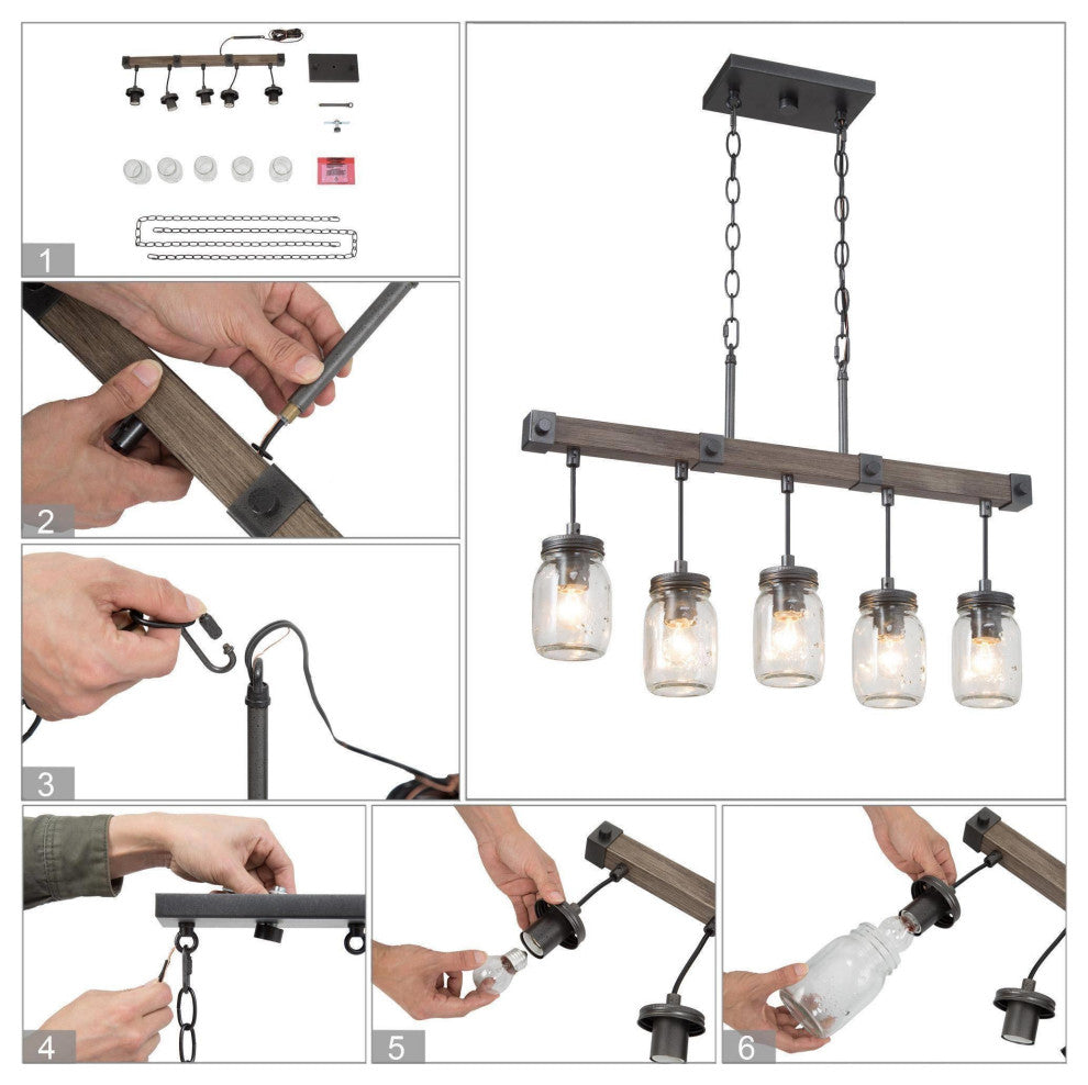 LNC Farmhouse Mason Jar Glass and Wood Kitchen Island Light, Clustered