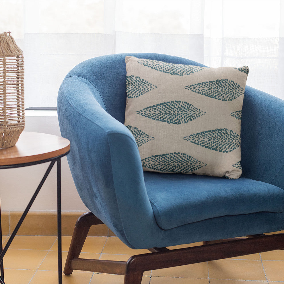 Plutus Blue Large Leafs Floral Luxury Throw Pillow, 18"x18"