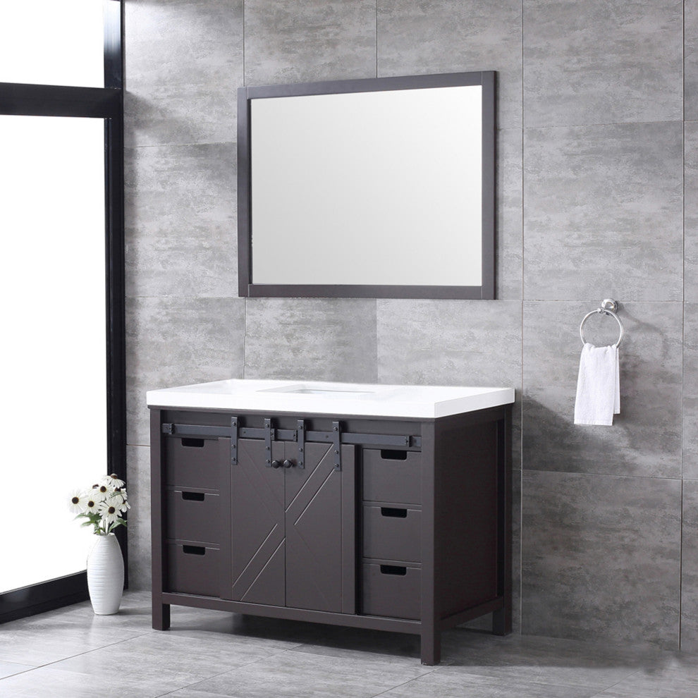 Marsyas 48" Brown Single Vanity Cabinet Quartz Top Square Sink, 44" Wall Mirror