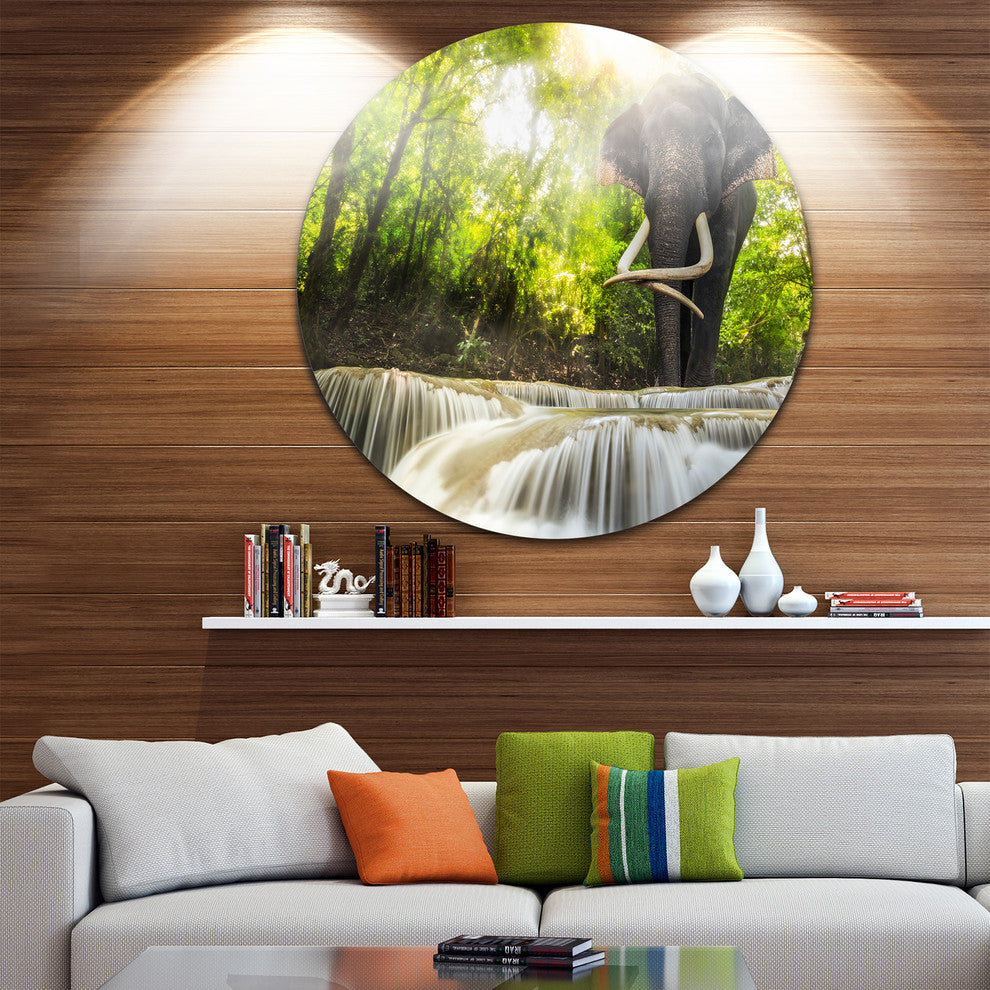 Erawan Waterfall With Elephant, Photography Round Wall Art, 11"