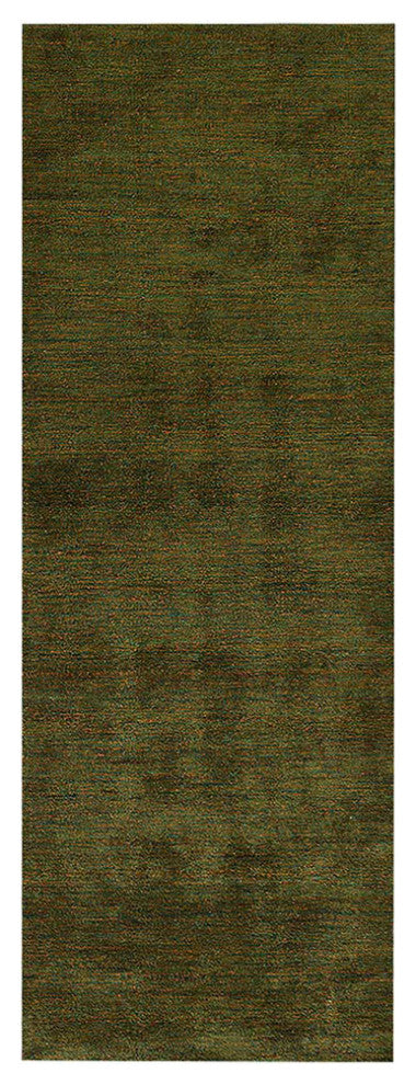 Hand Knotted Loom Silk Mix Area Rugs Solid Green Gold
