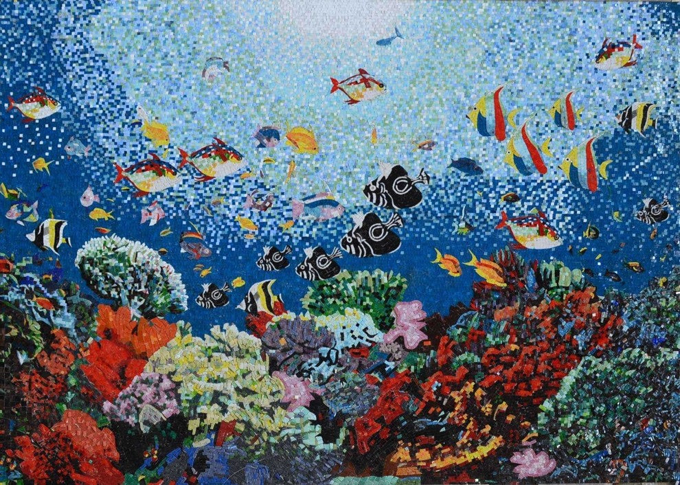 Aquatic Ocean Scene Glass Mosaic Pool Tiles, 79"x118"