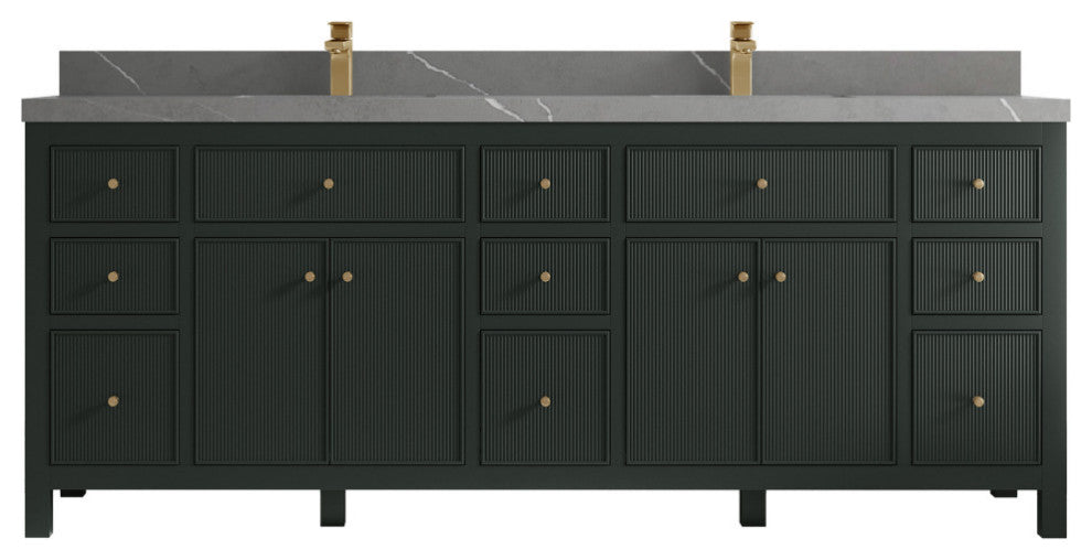 Sonoma 84 Double Sink Reeded Bath Vanity in Dark Forest Green 2" Piatra Gray