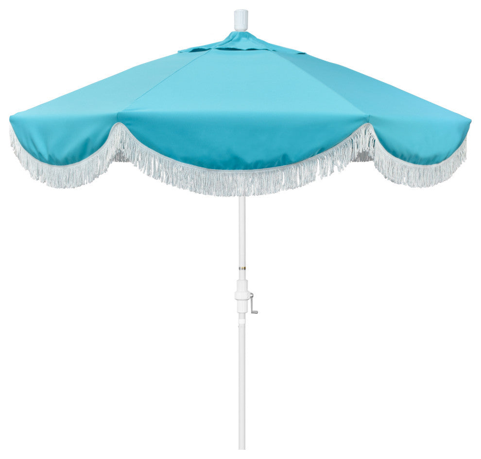 9' Matte White Surfside Patio Umbrella With Ribs and White Fringe, Aruba