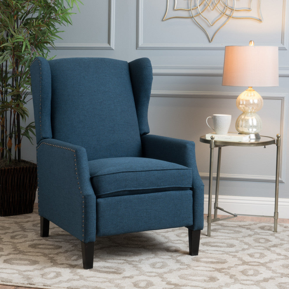GDF Studio Weyland Contemporary Fabric Wingback Pushback Recliner, Navy Blue