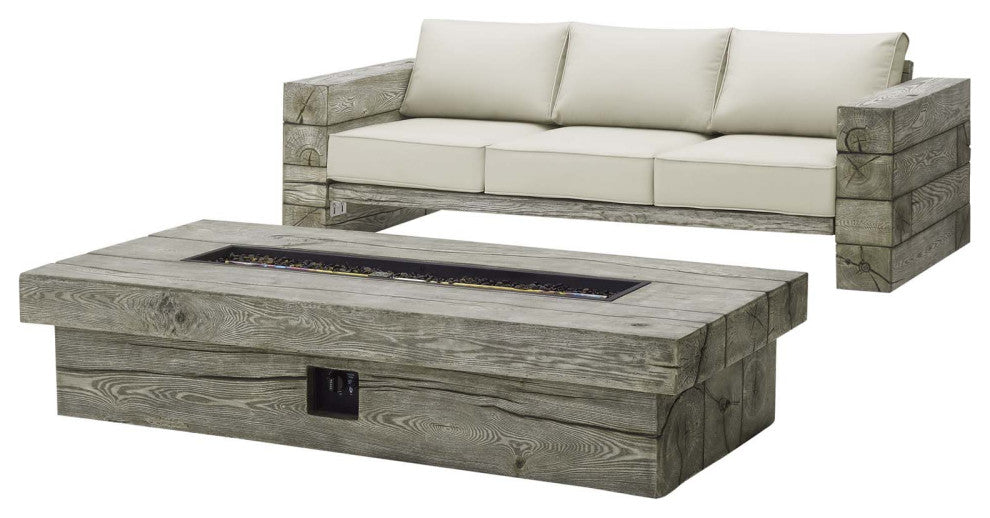 Manteo Rustic Coastal Outdoor Patio Sunbrella Sofa and Fire Pit Set