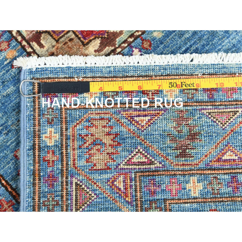 Steel Blue Afghan Super Kazak Wool Hand Knotted Runner Oriental Rug, 2'7"x9'9"