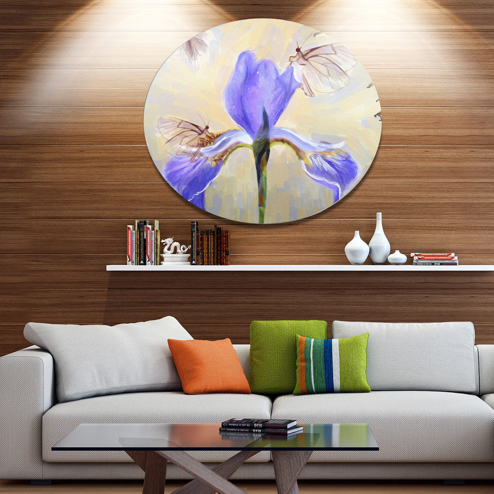 Blue Flower With Butterflies Sketch, Floral Disc Metal Wall Art, 11"