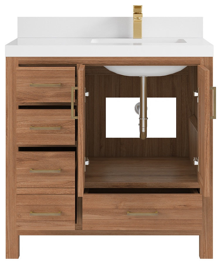 Malibu Teak 36" Right Offset Bath Vanity in Dark Natural 2" White Quartz