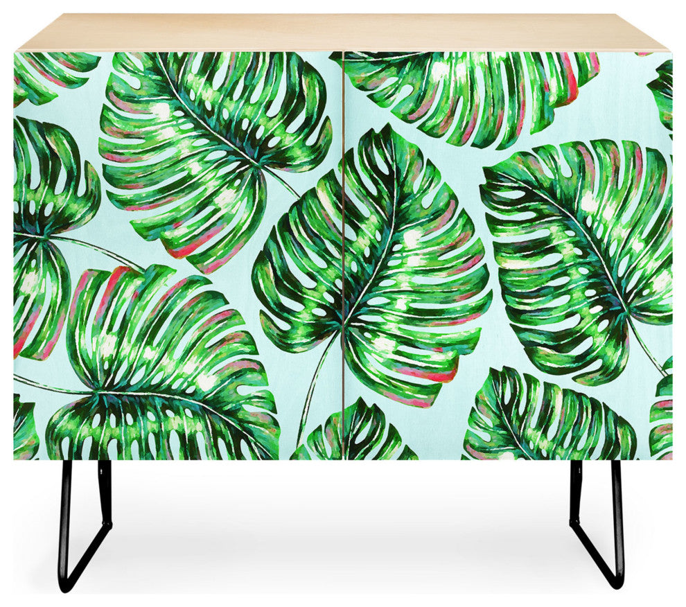 Deny Designs Tropical Greenery Credenza, Birch, Black Steel Legs