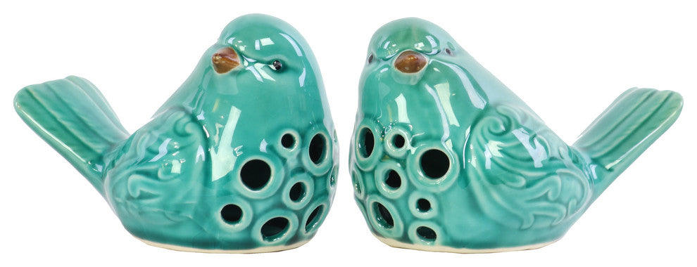 Porcelain Bird Figurines, 2-Piece Set, Turquoise