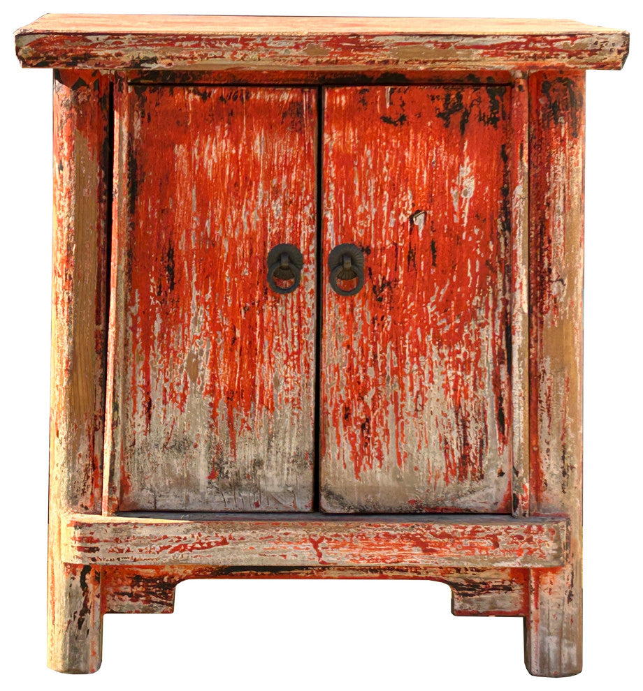 16.25" Oriental Distressed Orange Red 2 Doors End Table Nightstand Chest