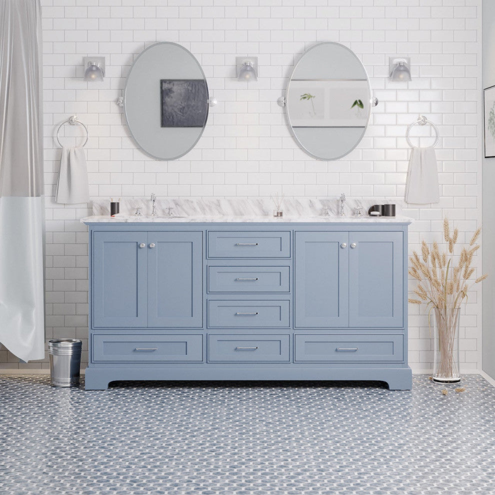 Harper 72" Double Bathroom Vanity, Powder Blue, Carrara Marble