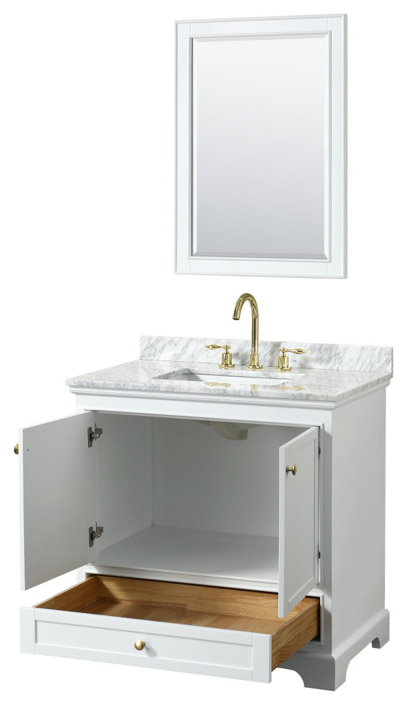 36" Single Bath Vanity, White, Carrara Countertop, Sink, Gold Trim, 24" Mirror