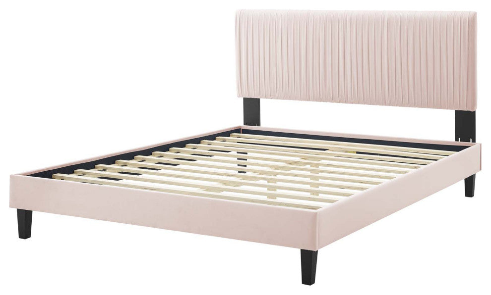Platform Bed Frame, King Size, Velvet, Pink, Modern Contemporary, Bedroom Master