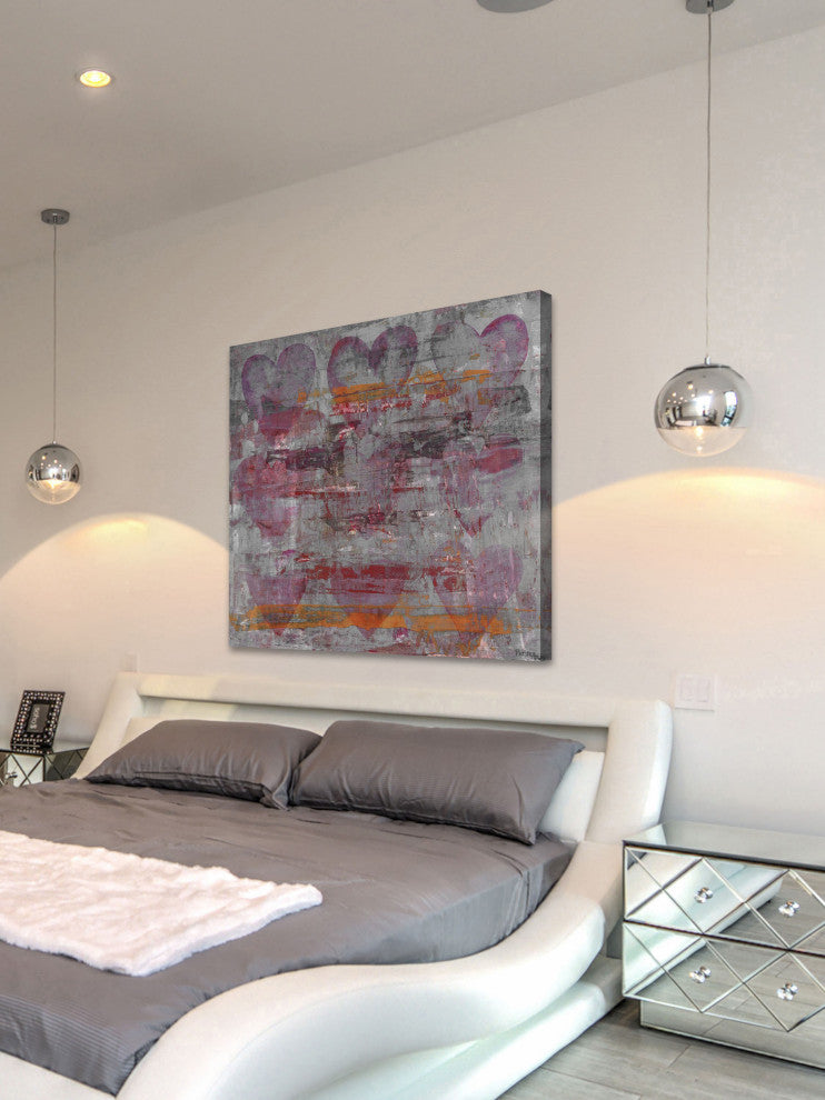 "Pink Grey Hearts" Painting Print on Wrapped Canvas, 18"x18"