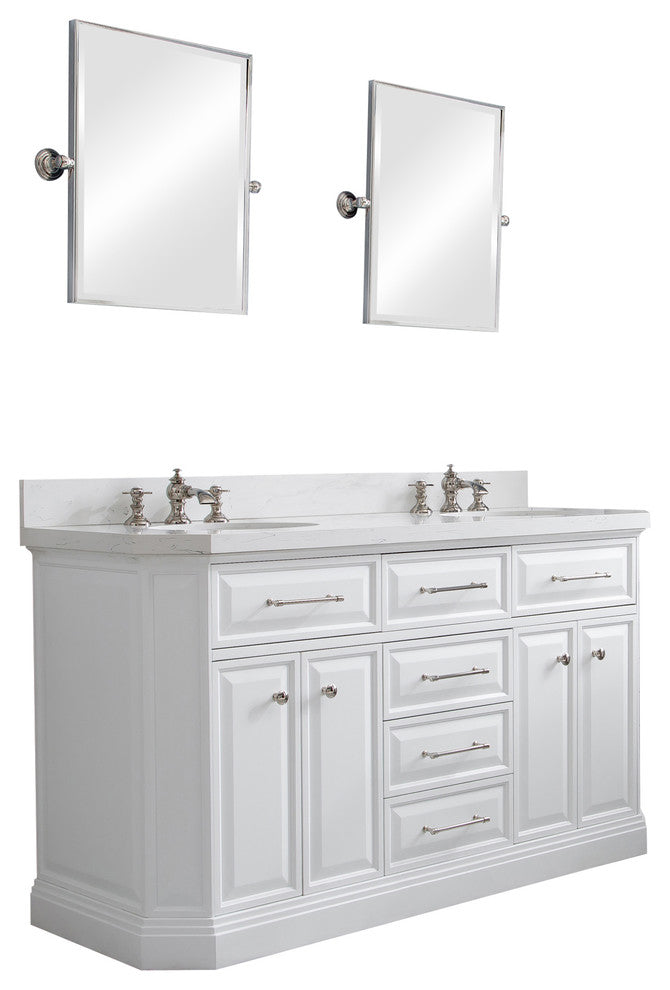60" Palace Quartz Pure White Vanity With Hardware, Faucets, Mirror in Polish