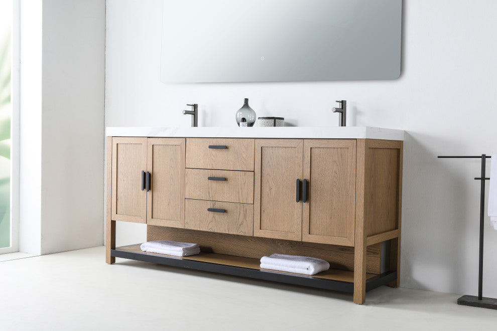 WINCHESTER Freestanding Modern Bathroom Vanity, Pecan Oak, 72", White Countertop