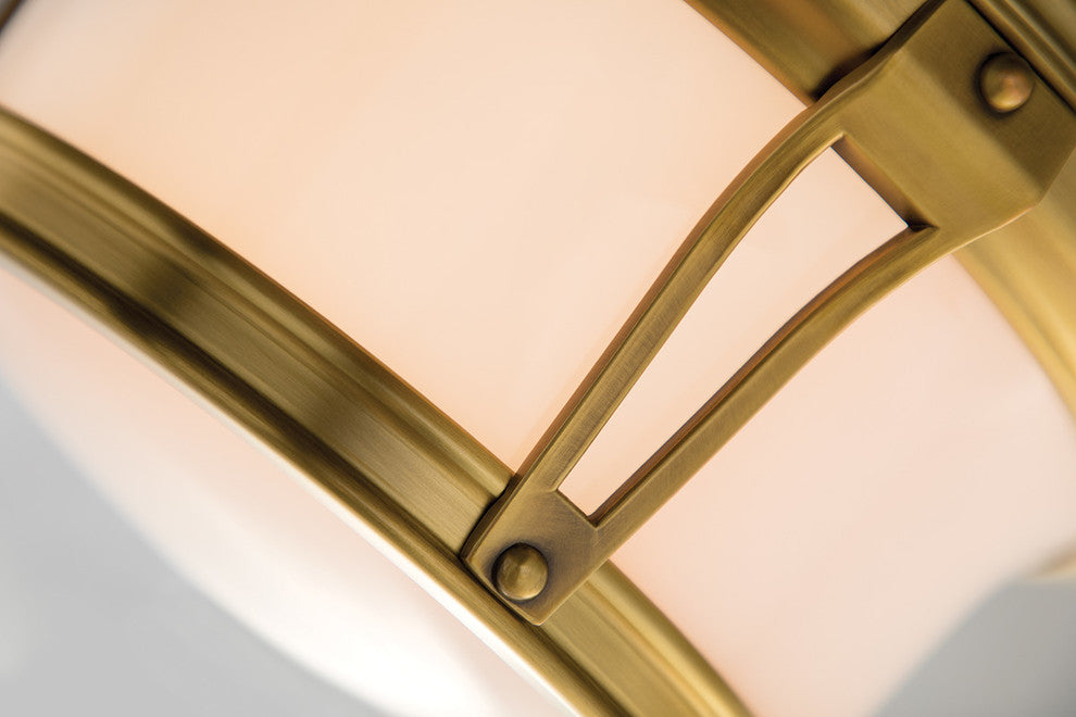 Newport, 10-inch Flush Mount, Aged Brass Finish, Opal Glossy Glass Shade