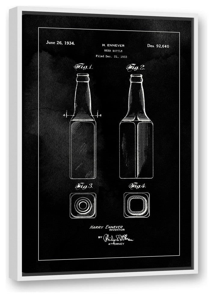 Beer Bottle Patent 1934 20x30 Black Floating Framed Canvas
